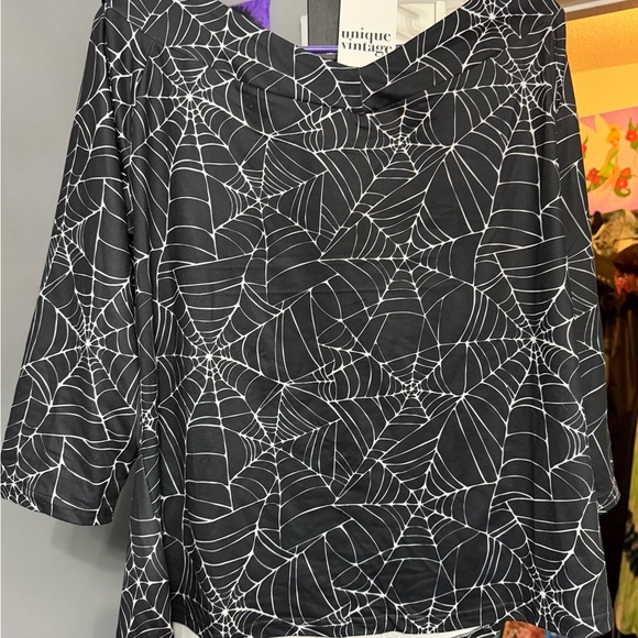 Unique Vintage Black Top with White Spiderweb Print - Picture 2 of 3